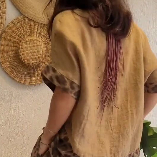 🎨Stylish Patchwork Short Sleeve Top & Wide Leg Pants Two Piece Set👯